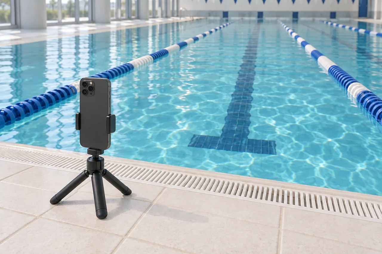 An iPhone stands upright on a small tripod on the pool deck, with its screen and front camera facing down a swim lane.